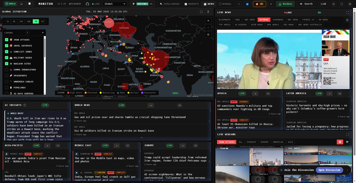 Check out Elie Habib's (<a href="/eliehabib/">Elie Habib</a>) wonderful creation #WorldMonitor. Customisable open-sourced, real-time intelligence dashboard at your fingertips.

worldmonitor(.)app
→ Global News → Markets → Intelligence → AI