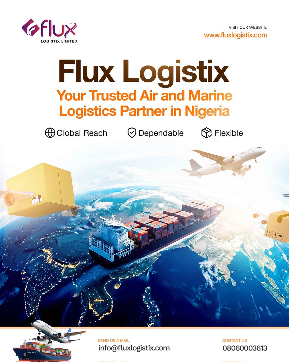 Our air and marine logistics give your business the global reach it needs.🚀⛴️
For bookings and inquiries, visit our website. 
fluxlogistix.com
You can also call us;
🚀Air logistics: 08060119448
⛴️Marine: 08060003613
#airandmarinelogistics #freightcompany #logisticsinlagos
