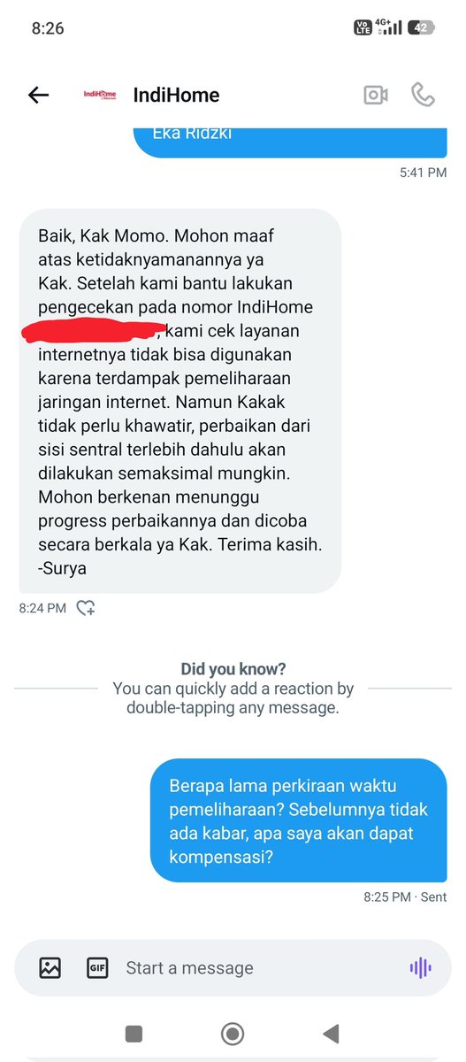 Tepat 163 menit sejak DM id+nama pelanggan akhirnya dibalas dgn info ada pemeliharaan. Tidak ada estimasi waktu &amp; kompensasi.
Gimana ini <a href="/IndiHome/">IndiHome</a> <a href="/IndiHomeCare/">IndiHomeCare</a> <a href="/Telkomsel/">Telkomsel</a> <a href="/TelkomIndonesia/">Telkom Indonesia</a>