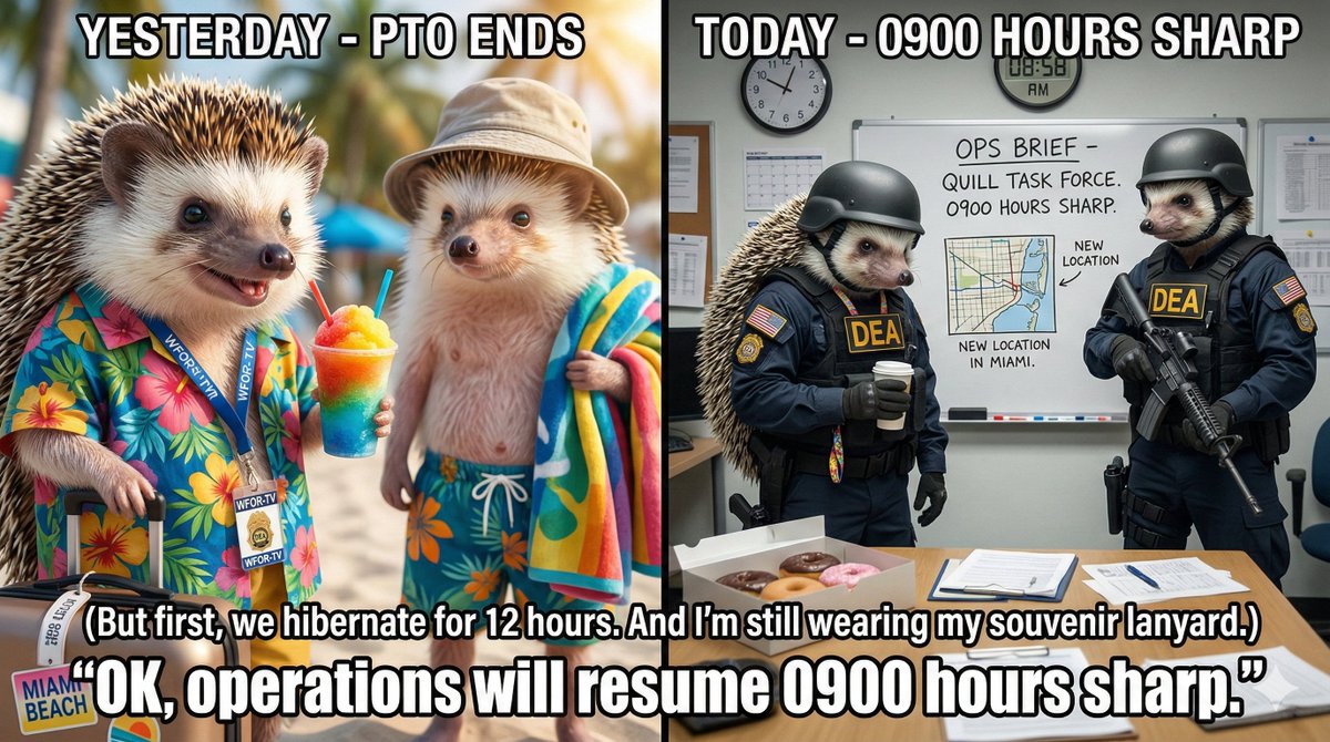 PricklyPatrol's tweet photo. The Quill Task Force is back. From beach cones to tactical gear, the jump to 0900 hours sharp is a prickly situation. (Keeping the WFOR-TV souvenir lanyard on is non-negotiable.) 🦔💥 #HedgehogCop #Miami #DEARaid #Satire https://t.co/JziZNTvGQ8