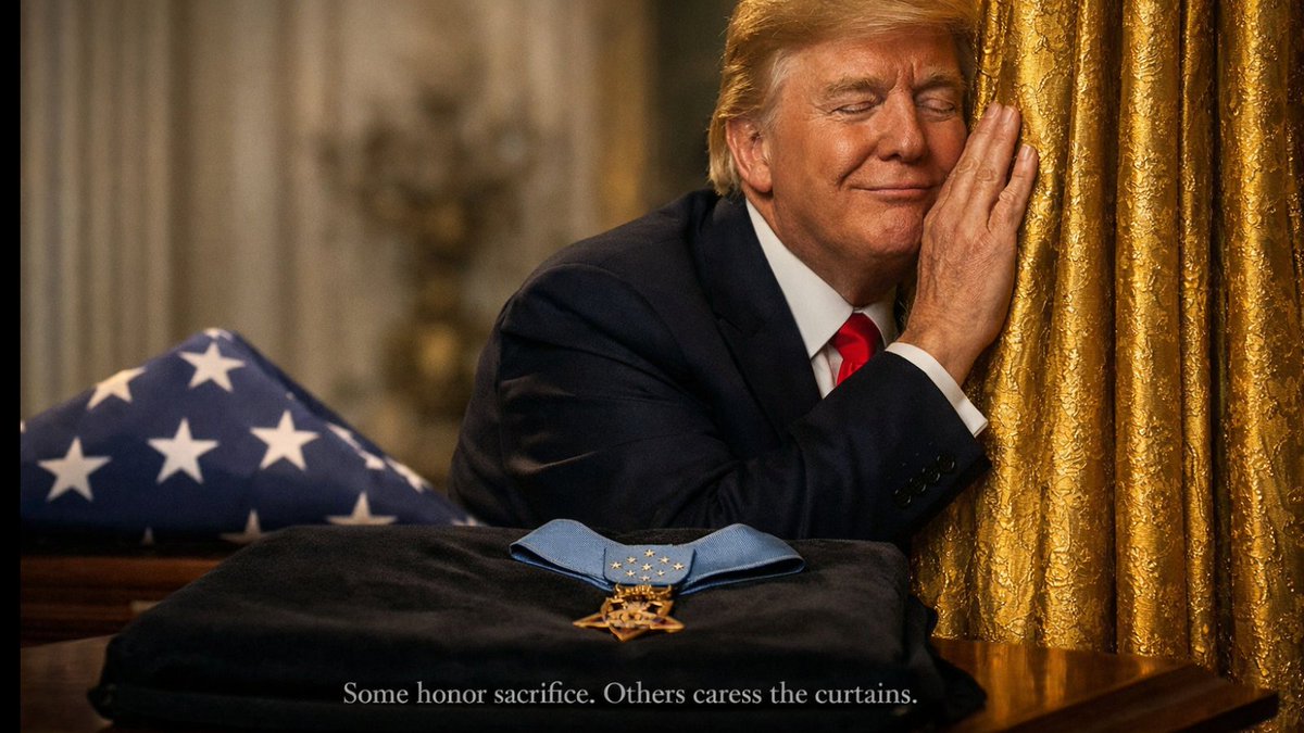 FLAGS DRAPED OVER COFFINS.
NOT OVER A DAMN BALLROOM.
 
 Picture the scene. A Medal of Honor ceremony. A room meant for gravity. A moment meant for silence, dignity, and reverence for a soldier who while bleeding, wounded, and staring death in the face, kept transmitting