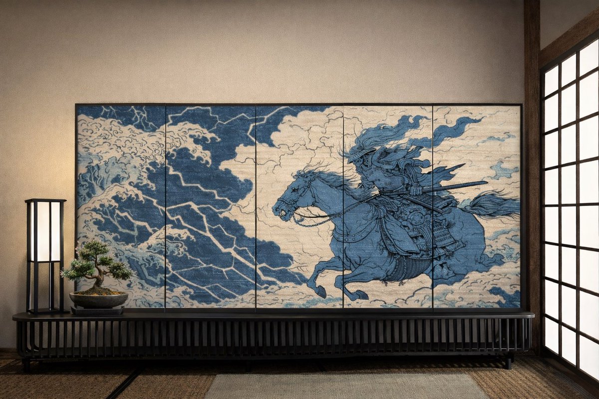 nipponworks's tweet photo. Turn space into story.
A warrior riding through thunder,
reimagined as a panoramic folding screen.
Traditional aesthetics, designed for modern interiors.
#JapaneseDesign
#Byobu
#SamuraiArt
#InteriorConcept
#JapanInspired
#WallArt https://t.co/G7rB2t3pzG