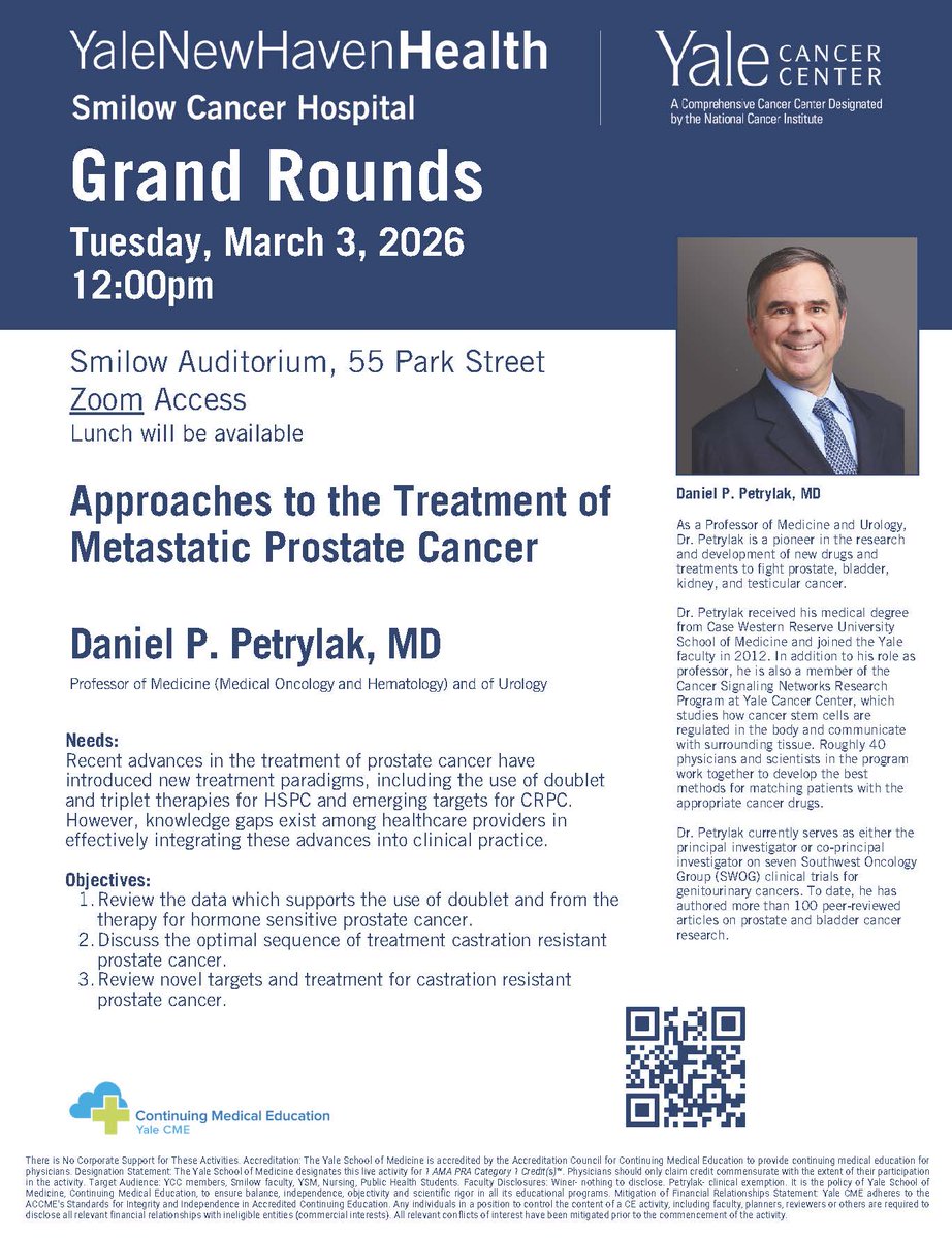 YaleCancer's tweet image. Today at 12pm Dr. @DanielPetrylak presents our #GrandRounds on the topic of "Approaches to the Treatment of Metastatic Prostate Cancer." 
Join us in Smilow Auditorium or online via Zoom: bit.ly/4uojtNt
@SmilowCancer @Yale_Urology