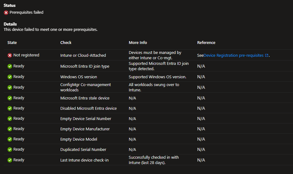 Shaeck's tweet photo. Hi @IntuneSuppTeam 
From Update 2602. Autopatch is failing on Prerequisites on Intune management. I can found them in Intune. None change recently on our side. Enrollment through Autopilot Hybrid. Did you detect something like this ? https://t.co/V7sQnf7JxM