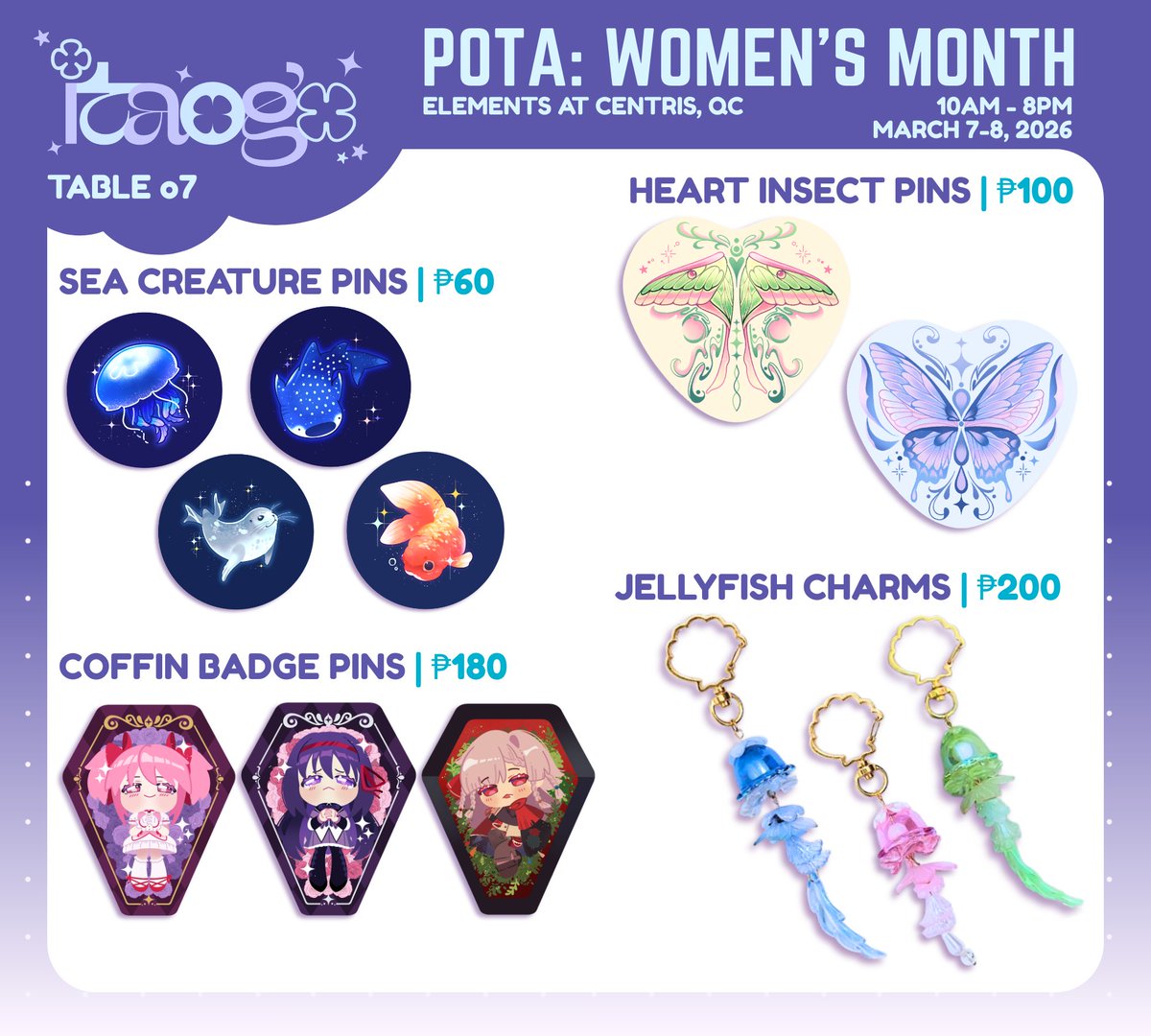 ⋆˙⟡❤️ &amp; 🔁 are appreciated !

happy women's month ! 🌸🌷
here's is my merch catalogue for #PotAWomensMonth on March 7-8 ^^
come find me at table O7 if my stuff interests you ✨

— [1/2]