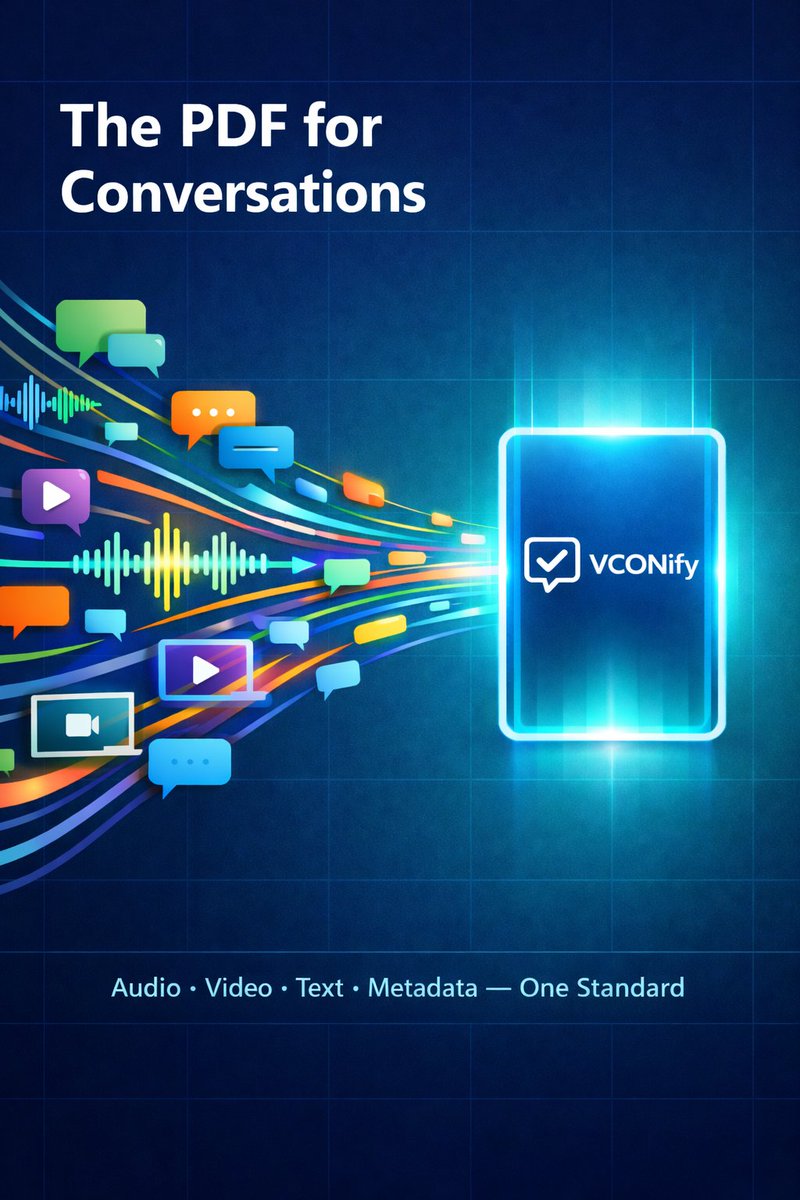 VCONify's tweet photo. Enterprises have PDFs for docs, vCards for contacts, iCals for meetings.

But no standard for conversations.

Calls, chats, video, CRM notes. Fragmented &amp; AI-unfriendly.

A vCon is the open IETF standard that packages a conversation into one secure, portable container.

#VCONify https://t.co/1uKiCdWOiW