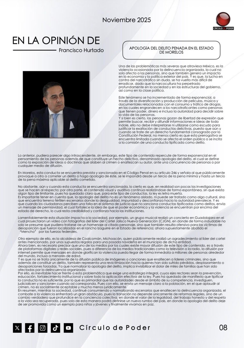 circulo_depoder's tweet photo. #CírculoEditorial | 🔴 APOLOGÍA DEL DELITO PENADA EN EL ESTADO DE MORELOS: @FcoHurtado2022 

Revista Edición de Febrero 
👇🏻

https://t.co/inDc5yKvOb

#Nacional #Morelos https://t.co/McgDgbjzhh