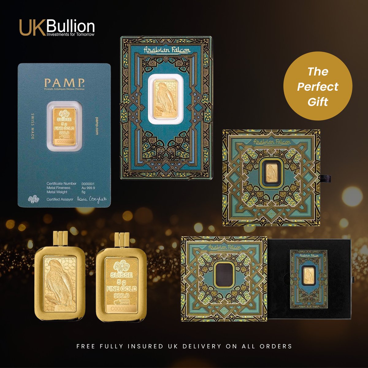 UKBullion's tweet photo. This 5 g PAMP Suisse Arabian Falcon Gold Bar is 999.9 fine gold and includes a wearable pendant frame — perfect for gifting, collecting, or adding to your bullion stack.

https://t.co/Xbh4E14ZZU https://t.co/avTlx2iCuk