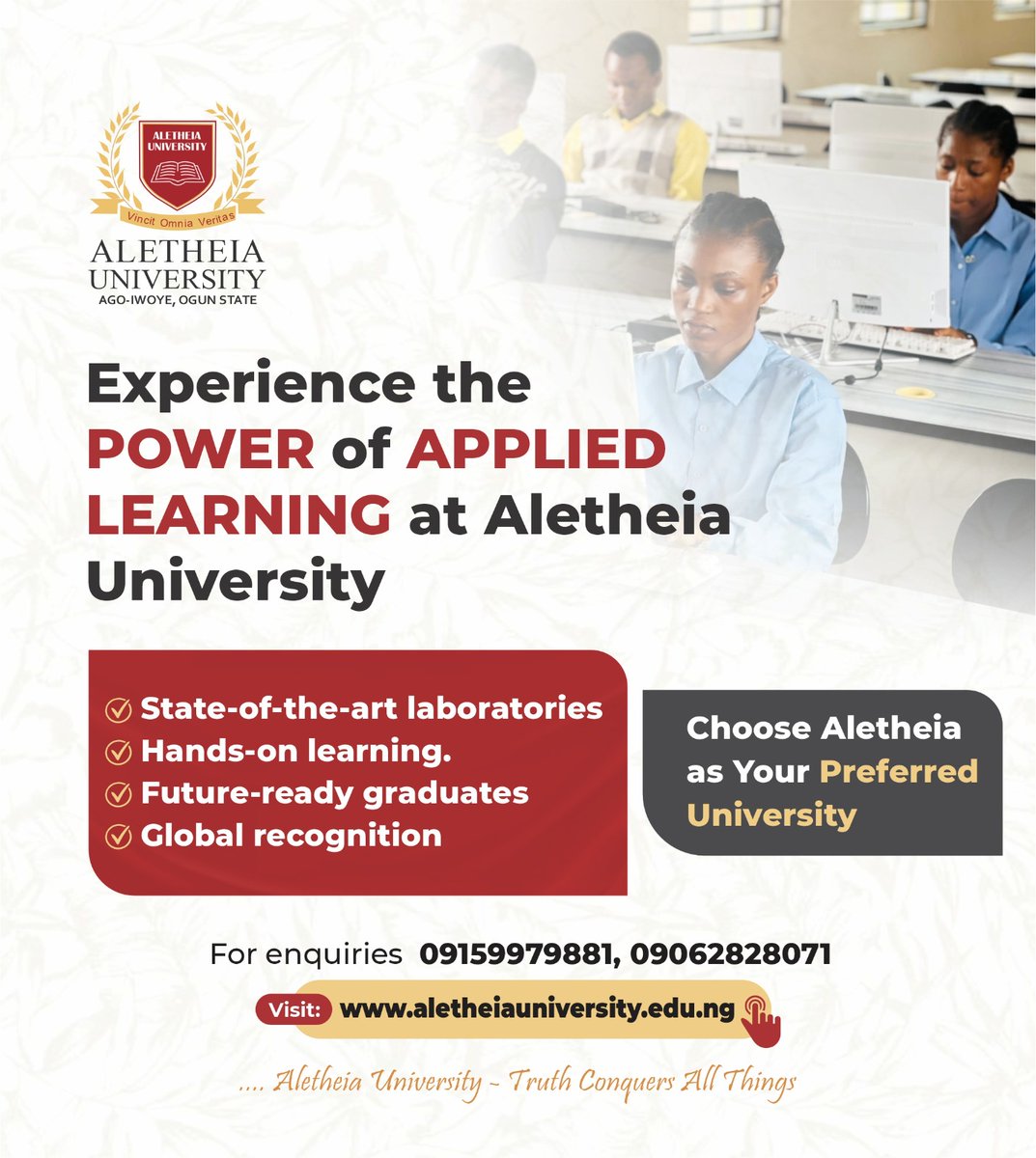 uni_aletheia's tweet photo. At Aletheia University, you don’t just earn a degree, you gain the skills, confidence, and mindset to lead and thrive.

Experience the Power of Applied Learning. Experience Aletheia.

....Aletheia University - Truth Conquers All Things 

#AletheiaUniversity
#ExperienceAletheia https://t.co/JVAC6z6uex