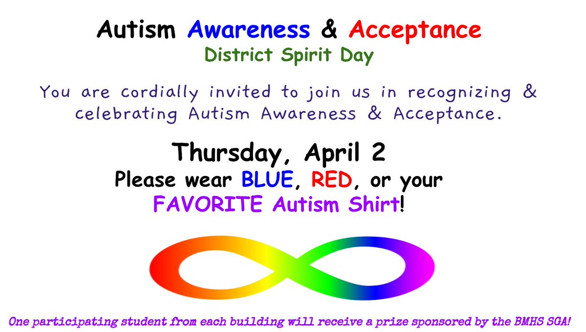 BtpsSrvcs's tweet photo. Next week! Start spring break off right by joining us in an @Brick_K12 Spirit Day! Help us CELEBRATE &amp; raise AWARENESS &amp; ACCEPTANCE on World Autism Day! On Thurs, 4/2 wear 💙, ❤️, or your fave Autism 👕! 💚 @BTPSLearns https://t.co/iFzSema130