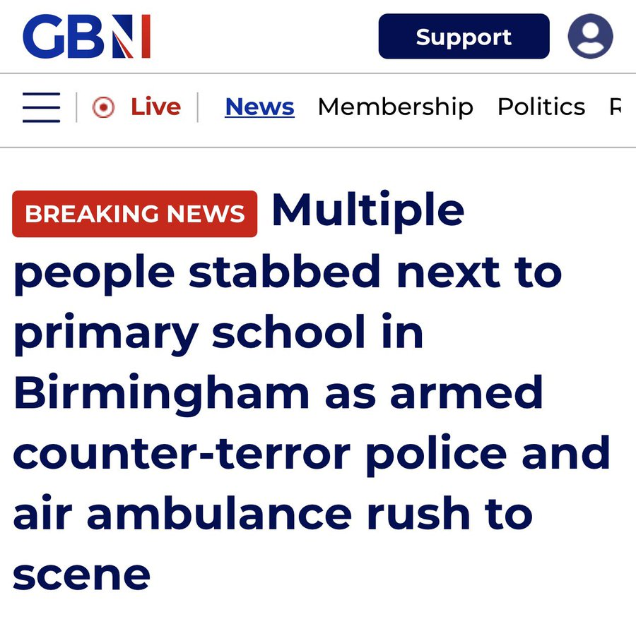 🚨 BREAKING: MULTIPLE STABBINGS REPORTED NEAR BIRMINGHAM PRIMARY SCHOOL

Reports indicate multiple people have been stabbed next to a primary school in Birmingham.

Armed counter-terror police are at the scene.
An air ambulance has been deployed.
Emergency services are responding