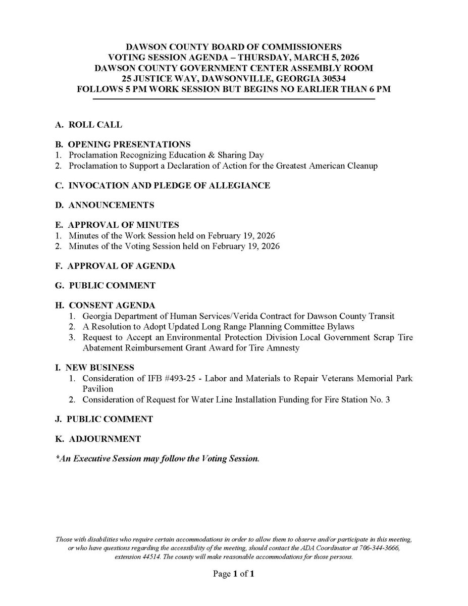 This week's Board of Commissioners Work Session will begin at 5 p.m. and a Voting Session will follow but begin no earlier than 6 p.m. on Thursday, March 5.