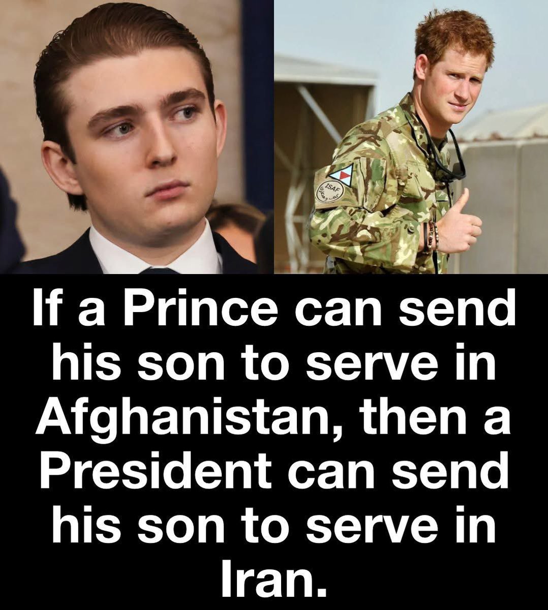 Prince Harry’s last name did not grant him a symbolic exemption. He deployed and served two tours in Afghanistan, flying combat missions alongside enlisted troops.

When leaders argue that conflict with Iran is necessary, the burden should not solely fall on other families.

If a