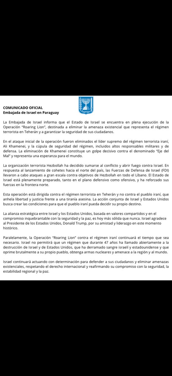 🔴 Comunicado Embajada de Israel en Paraguay