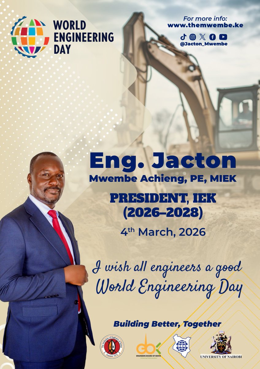 Jacton_Mwembe's tweet photo. UNESCO, in 2019 proclaimed 4th March as an annual  celebration for the World Engineering Day. 2026 Theme- "Smart engineering for sustainable future through innovation &amp; digitalization."  
Celebrate with Eng Jacton Mwembe for IEK President 2026-2028 
Building Better Together https://t.co/hJJv4Upd5U