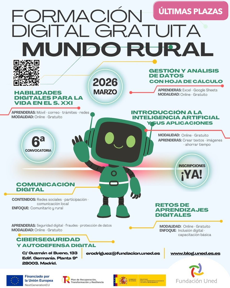 AytoTeror's tweet image. ➡️  El Ayuntamiento INFORMA que la UNED abre el programa formativo Reto Rural Digital, con 6 CURSOS online para reducir la brecha digital 📲 en el entorno rural.
📌 INSCRIPCIONES: gratuitas
#teror #terorrural #RetoRuralDigital
ℹ️ teror.es/el-programa-re…