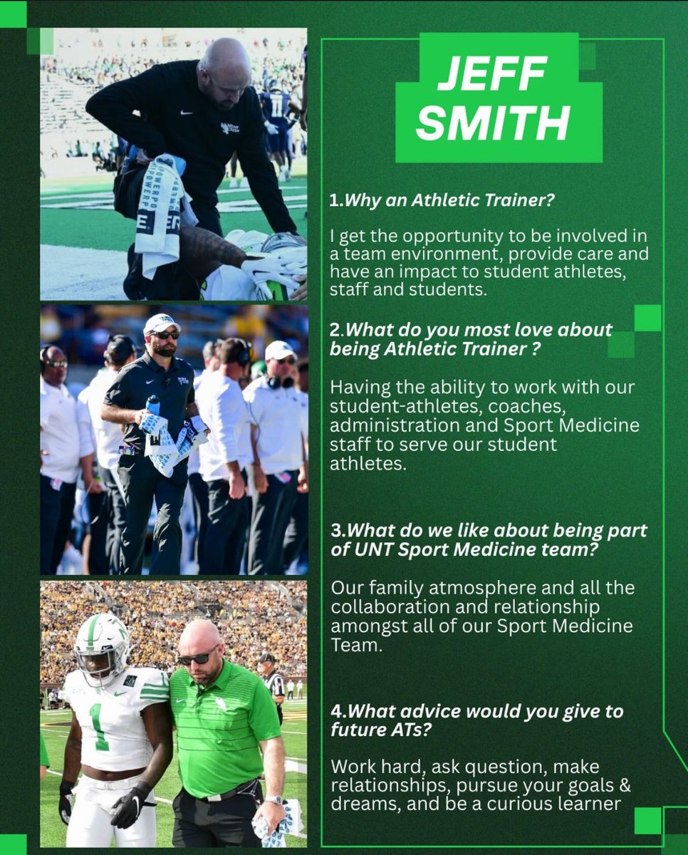 untsportsmed's tweet photo. Staff Spotlight 🚨| Jeff Smith, MS, ATC, LAT 🦅💚

He serves as our Senior Associate AD for Sport Medicine and Head Football Athletic Trainer. 

Thank you Jeff for your leadership and for continuing to shape the future of our profession while empowering the next generation. #GMG https://t.co/w5UKCOqVsE
