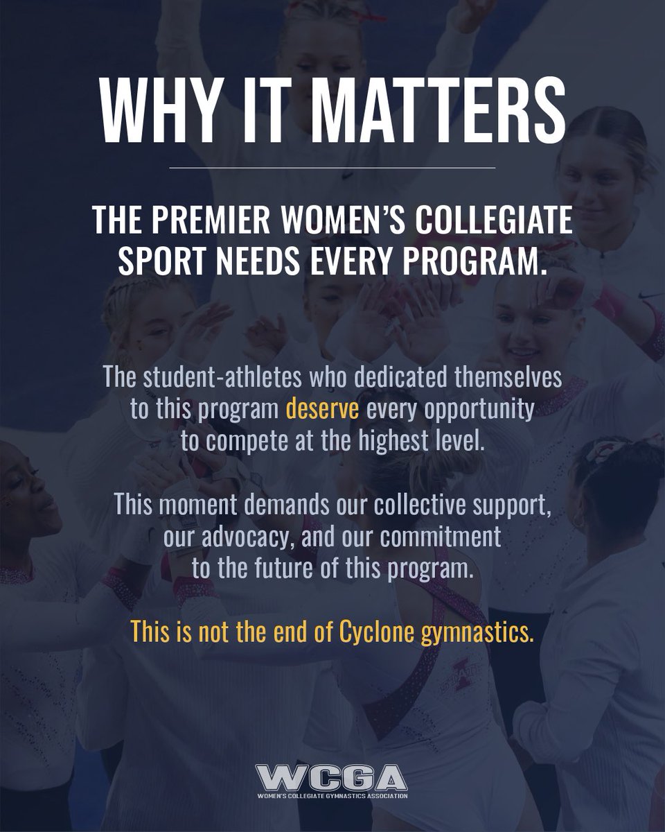 wcgagym's tweet photo. THE PREMIER WOMEN’S COLLEGIATE SPORT NEEDS EVERY PROGRAM.
@cyclonegym 
❤️💛🌪️🤸‍♀️
#StandWithStateGymnastics
#NCAAGym https://t.co/Mi1piClywu