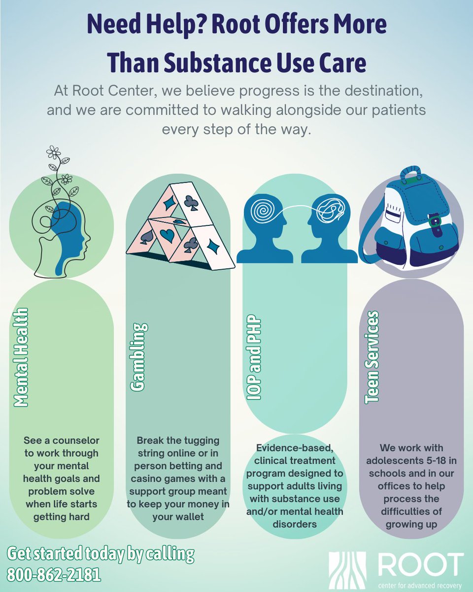 Did you know that while the Root Center has long been known for substance use treatment...we offer so much more! We provide mental health, problem gambling, and adolescent services. The Root Center can help with anything you’re working through.

Call 860-740-8132 to learn more!