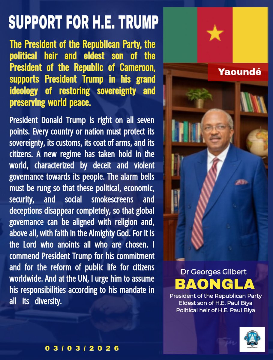 TVGLive1's tweet photo. SUPPORT FOR H.E. TRUMP
The President of the Republican Party, the political heir and eldest son of the President of the Republic of Cameroon, supports President Trump in his grand ideology of restoring sovereignty and preserving world peace. https://t.co/m9r6Ka5RD0