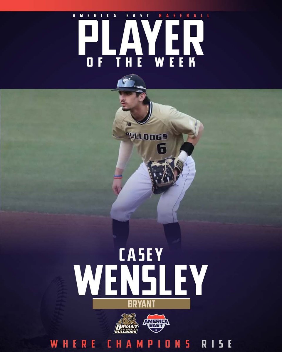 AmericaEast's tweet photo. Four of the six America East baseball teams in action last week picked up wins, including a pair each by Bryant and NJIT.

Player of the Week: Casey Wensley, Bryant 
- Hit .533 with two triples in a series win vs. Radford going 8-for-15 in three games.
- Scored six runs, drove in five and had two stolen bases.

Pitcher of the Week: Kailen Hackmann, UMBC
- Threw three scoreless and hitless innings in UMBC’s comeback win over Monmouth.
- Struck out eight of the 11 batters he faced.

Rookie of the Week: Rex Hauser, Maine
- Had a 3.000 OPS going 3-for-4 with two home runs and four RBI and two runs scored last week.

https://t.co/aqlUhf0akK