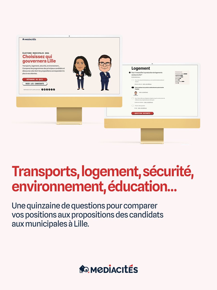 MediacitesLille's tweet photo. 🗳️ Qui gouvernera #Lille en 2026 ? Le grand quiz de Mediacités sur les #élections municipales. Découvrez celui ou celle dont les propositions correspondent le plus à vos attentes ! ➡️ https://t.co/YOMKQx0gpw https://t.co/v8494yBTIY