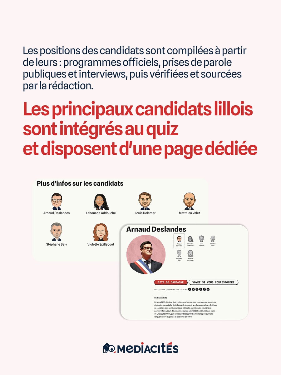MediacitesLille's tweet photo. 🗳️ Qui gouvernera #Lille en 2026 ? Le grand quiz de Mediacités sur les #élections municipales. Découvrez celui ou celle dont les propositions correspondent le plus à vos attentes ! ➡️ https://t.co/YOMKQx0gpw https://t.co/v8494yBTIY
