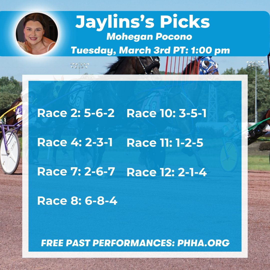 PennHorseRacing's tweet photo. 14 races hit the track today at Pocono Downs with a 1 PM post time! 🏁 Here are some of our picks for this afternoon. Head to https://t.co/quuQ0U9sJ7 for free PPs for every Pocono race card! 🐎📊

@MoheganPA - @ThePHHA - #PoconoDowns #HarnessRacing #RaceDay #FreePPs #HorseRacing https://t.co/MryMzZmajH