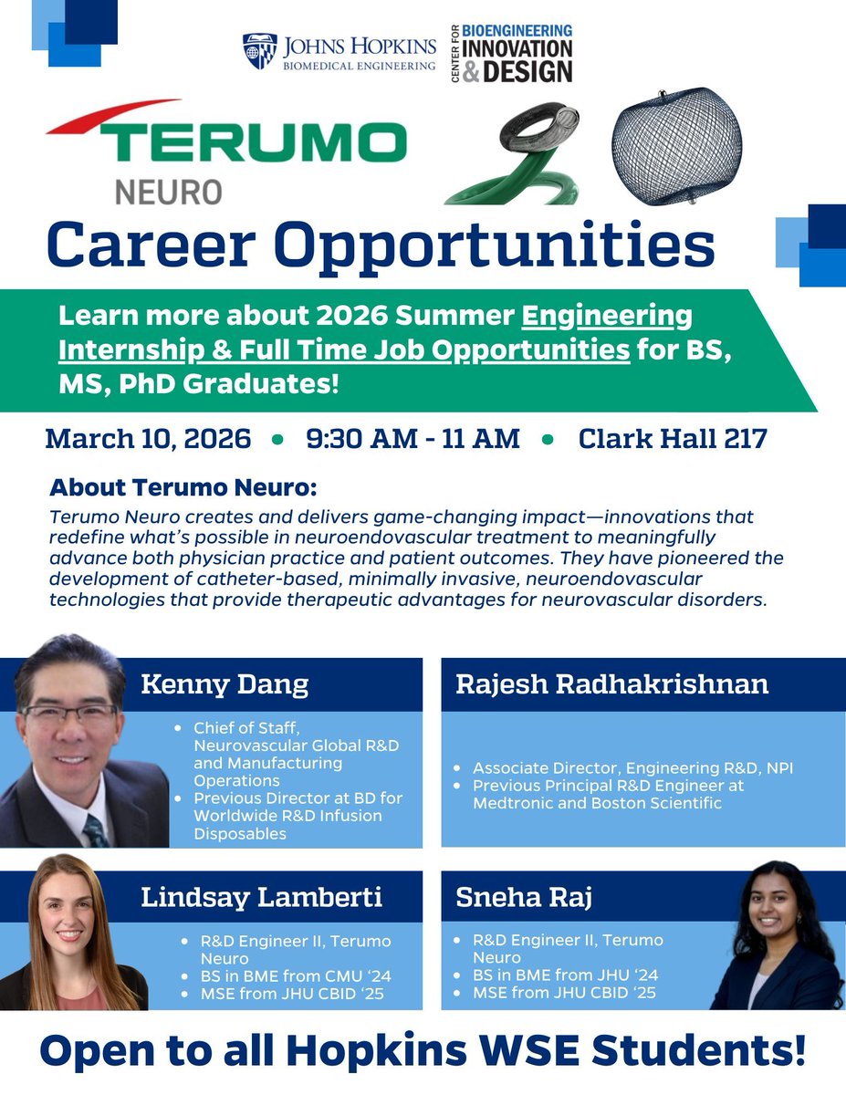 jhu_cbid's tweet photo. Attention Hopkins students! Terumo Neuro will be speaking about upcoming career opportunities  for both internships and full time job opportunities  for BS/MS/PhD graduates! If this interests you, we highly recommend  you stop by to Clark Hall 217 on March 10th, from 9:30-11:00. https://t.co/uQiwHgA1tX