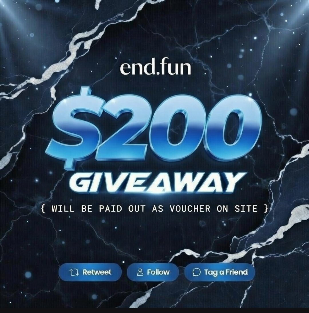 ⚡️$200 GIVEAWAY ⚡️

How to enter:
✅Follow <a href="/enddotfun/">endfun</a>
✅Like &amp; Retweet
✅Tag a friend

Giveaway ends in 48h goodluck🍀