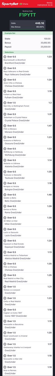 selormmpredicts's tweet photo. For the week🤲🏻✅
SportyBet code: F1PYTT⏳

446+ odds🍀 https://t.co/dv37LswSL6
