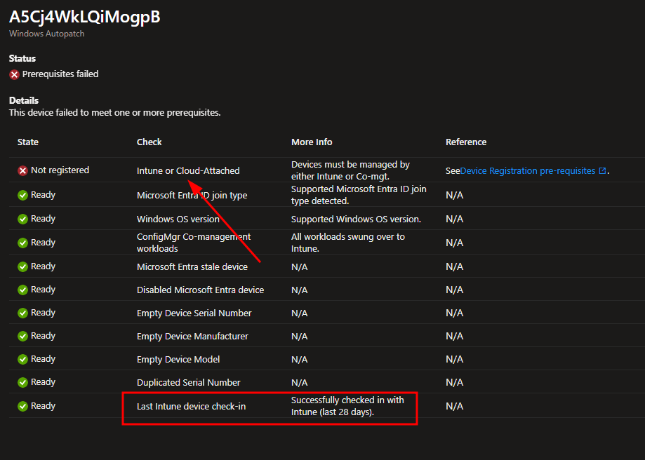 Shaeck's tweet photo. @IntuneSuppTeam @MSIntune I don't know if this related with the new Autopatch readiness but the prerequisite check are failing to detect "Management" Intune but pass the 28 days Check-In in intune. I've earlier pinged you for this issue. From 2602 update. No change on our side. https://t.co/kw9lR2OL0M