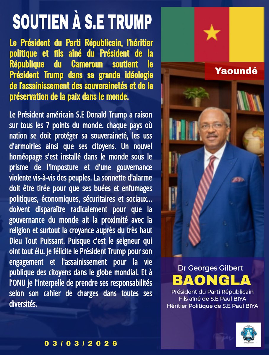TVGLive1's tweet photo. SOUTIEN À S.E TRUMP
Le Président du Parti Républicain, l'héritier politique et fils aîné du Président de la République du Cameroun soutient le Président Trump dans sa grande idéologie de l'assainissement des souverainetés et de la préservation de la paix dans le monde. https://t.co/yF8EgeA3m3