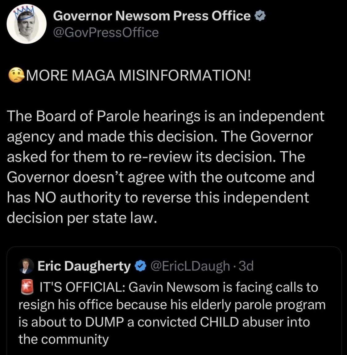 Maybe you should sit this one out Governor .. YOU signed the bill lowering “elderly” parole .. You put criminals over crime victims and the people of California 

<a href="/DavidTangipa/">David Tangipa</a>  <a href="/ChadBianco/">Sheriff Chad Bianco</a> <a href="/SteveHiltonx/">Steve Hilton</a> <a href="/EricLDaugh/">Eric Daugherty</a> 

#FixCalifornia