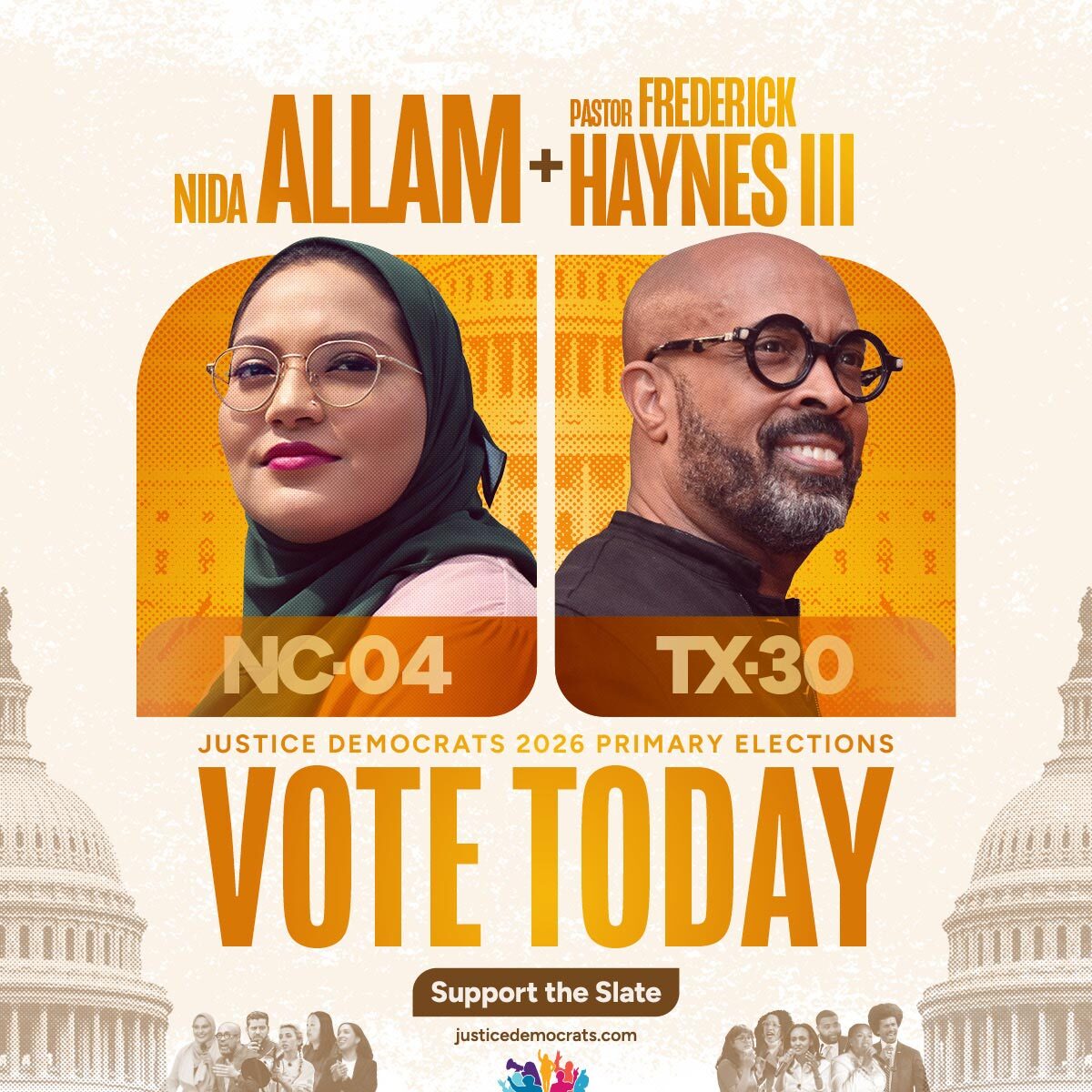 It's Election Day in NC &amp; TX.

We have the chance to send <a href="/NidaAllam/">Nida Allam ☀️</a> &amp; <a href="/fhunscripted/">Dr. Frederick D Haynes</a>—two unbought champions for working people—to Congress to fight the corporations raising our prices, the fascists terrorizing our communities &amp; the pro-war lobbies waging forever wars.

Let's win.