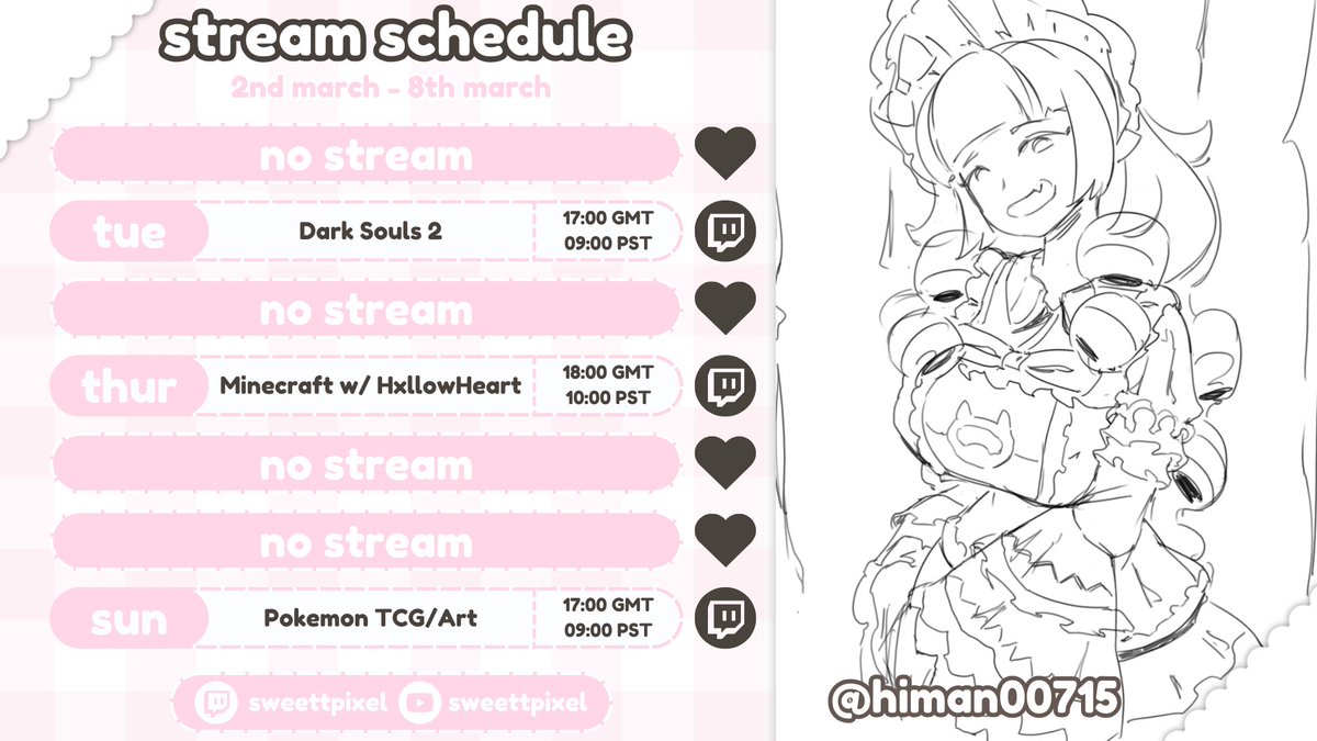 sweettpixel's tweet photo. 🎀This Week's Schedule🎀
While I'm not eating rocks this week, I will continue to be eating dirt in Dark Souls 2 and Minecraft. Thankfully we'll be having a cosy weekend to make up for that with some Pokemon cards and art! (～￣▽￣)～
https://t.co/zuFWJxpKUU https://t.co/oeKSvlxDow