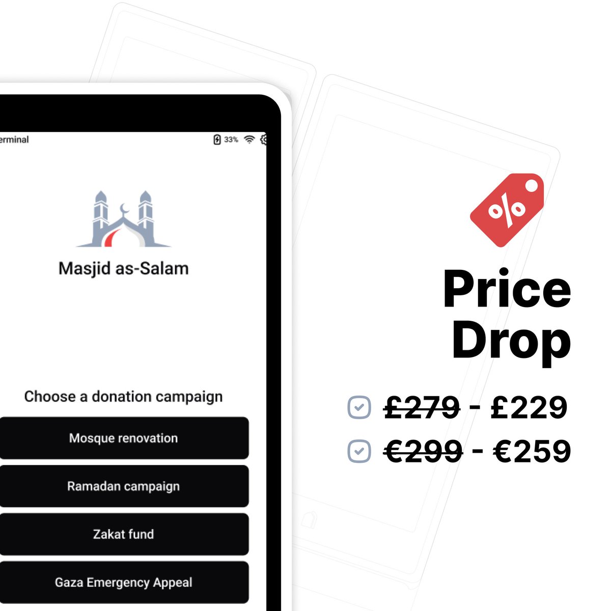 🎉 Price drop alert:

Terminal is now more affordable:

- UK: £279 → £229 (£50 off)
- EU: €299 → €259 (€40 off)

Same trusted hardware, same Gift Aid automation, lower barrier to entry.

Learn more ➡️ masjidbox.com/terminal