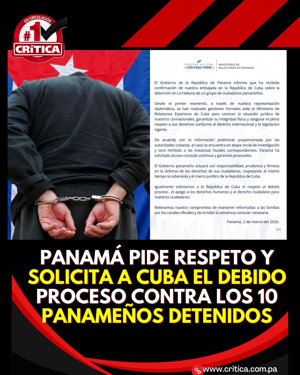 criticaenlinea's tweet photo. #NacionalCri El Gobierno panameño indicó que actuará con responsabilidad, prudencia y firmeza en la defensa de los derechos de sus ciudadanos. De igual manera, le piden a  Cuba el respeto al debido proceso, el apego a los derechos humanos y al derecho ciudadano para los ciudadanos.