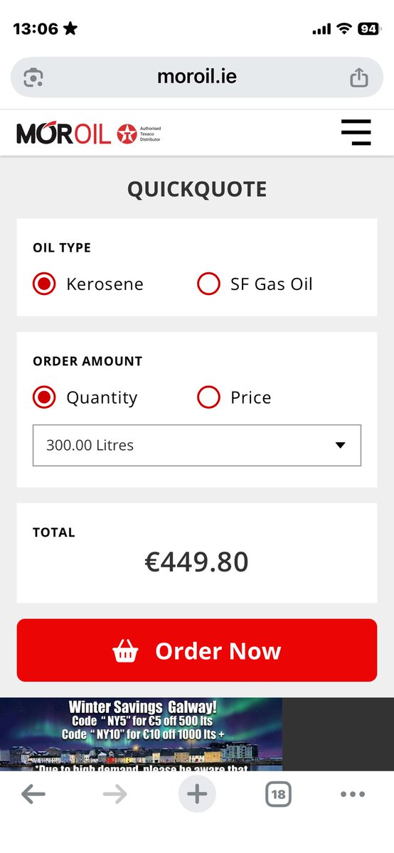 Galway62's tweet photo. Price gouging is alive and well in Ireland…@Mor_Oil Galway were charging €334 for 300 litres on Sunday…today it was €424 at 11:50 am and at 13:09 it was €449…avoid @Mor_Oil never again will I order from this crowd @GalwayBeoOnline @MichealMartinTD @CTribune @Independent_ie https://t.co/li3av9GKVH
