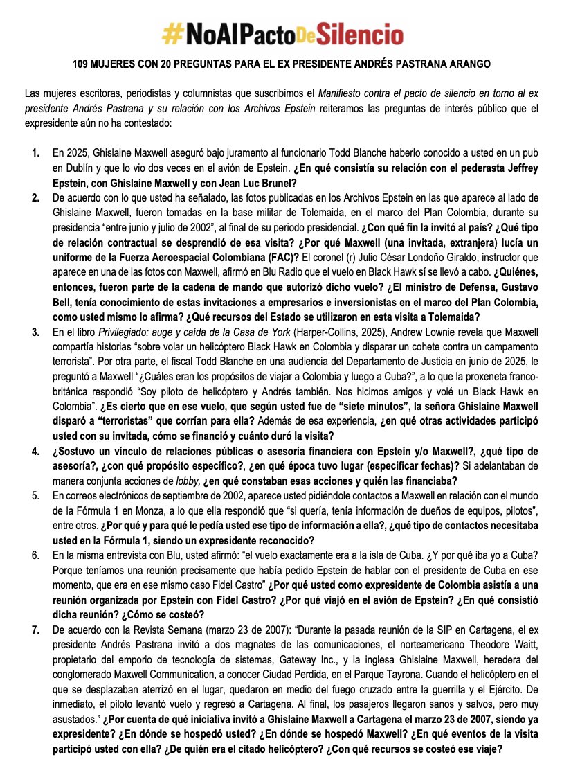 AnaBejaranoRG's tweet photo. Ya somos 124 mujeres con 20 preguntas. Entre más busquen silenciarnos con ataques más persistiremos. Nada desviará nuestra atención de la necesidad de que Andrés Pastrana conteste las preguntas de interés público que le hemos formulado. #NoAlPactoDeSilencio https://t.co/HyXrH1OPrA