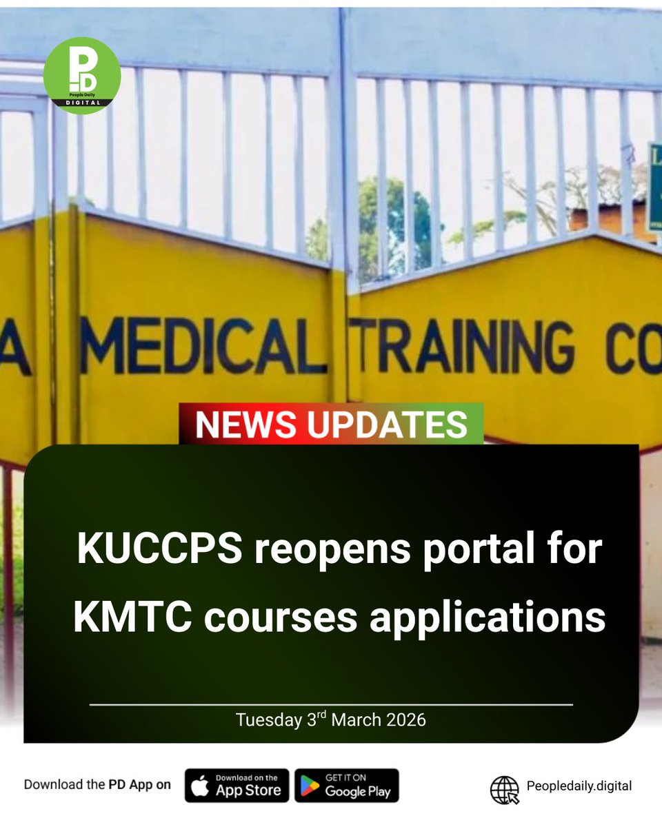 KUCCPS has reopened applications for placement to diploma and certificate programmes offered at the Kenya Medical Training College (KMTC) for the March 2026 intake.

Read more here: tinyurl.com/mv4ssc5w

#PDUpdates