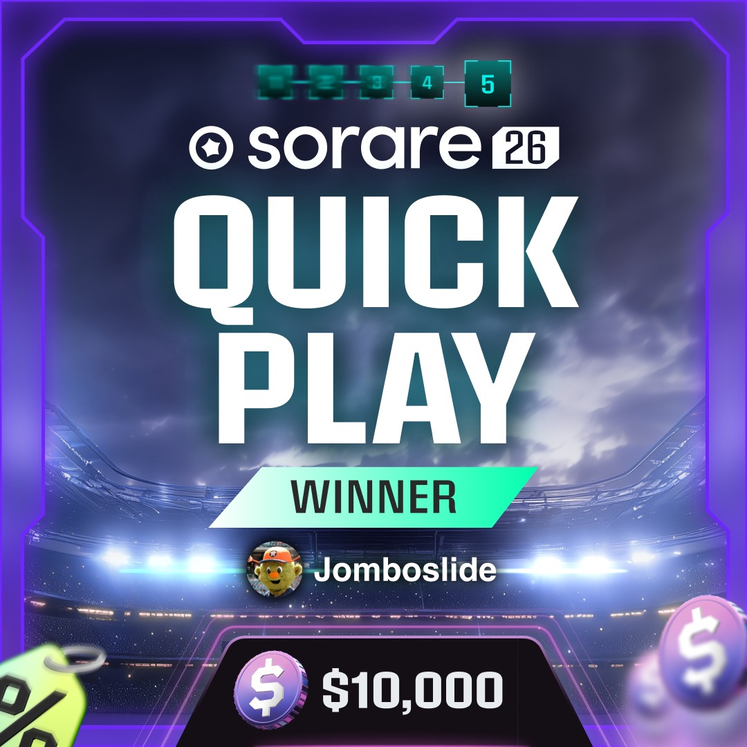 Sorare's tweet photo. 🏆 QUICKPLAY WINNER: JOMBOSLIDE 🏆

Perfect knowledge of MLS and sharp analysis of favorable continental matchups helped him clear all 5 steps.. including one by less than a point! 🤯

He’s sharing the $10,000 prize pool with Gio87💰

Today it all resets: QuickPlay Part 2 begins!
