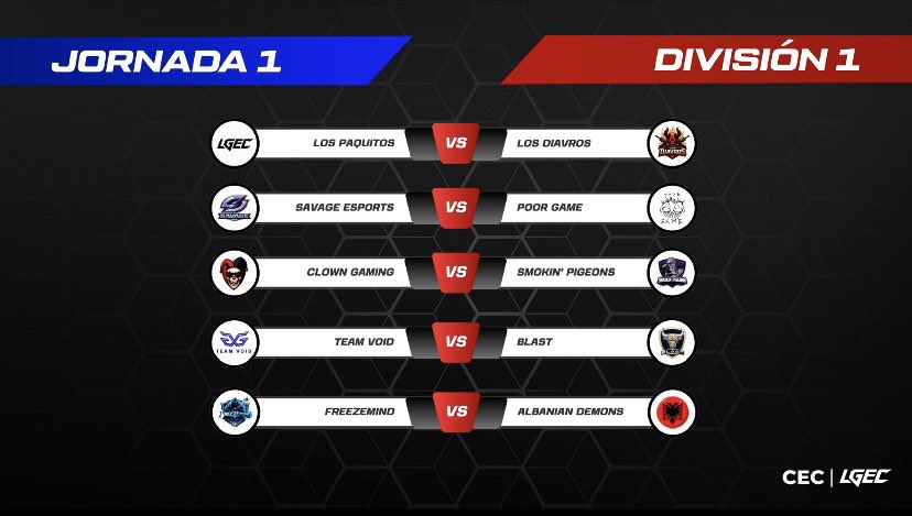 CompeticionesES's tweet photo. 🚨¡ATENCIÓN!🚨
Inauguramos la DIVISIÓN 1 con la siguiente jornada:
⚔️: #LosPaquitos 🆚 #LosDiavros
⚔️: @SaVaGe_eSport01 🆚 #PoorGame
⚔️: @TeamClownGaming 🆚 #Smokin’Pigeons
⚔️: @Team_VoidCOD 🆚 @TeamBlast952
⚔️: @Freezemindx 🆚 #AlbanianDemons
#CEC #LGEC https://t.co/r5Q2Uc0LfK