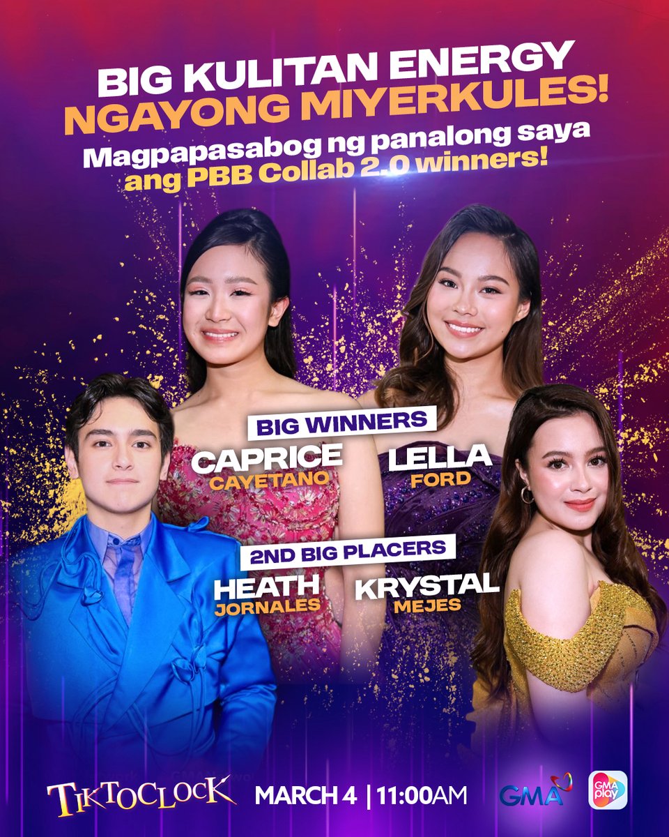 Bigating bisita from Bahay ni Kuya! 🏠💛

Makakasama natin bukas ang #GMAPBBCollab 2nd Big Placers na sina Krystal Mejes at Heath Jornales, at ang BIG WINNERS na sina Lella Ford at Caprice Cayetano! 🤩✨

Kita-kits sa #TiktoClock bukas ng 11:00 am, mga Tiktropa! 🎉✨