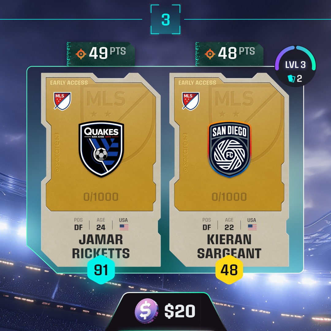 Sorare's tweet photo. 🏆 QUICKPLAY WINNER: JOMBOSLIDE 🏆

Perfect knowledge of MLS and sharp analysis of favorable continental matchups helped him clear all 5 steps.. including one by less than a point! 🤯

He’s sharing the $10,000 prize pool with Gio87💰

Today it all resets: QuickPlay Part 2 begins!