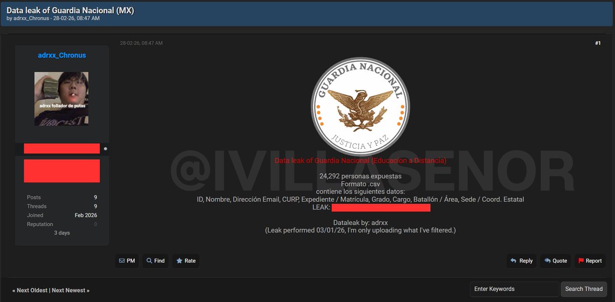 ivillasenor's tweet photo. Buenos días a todos menos a la @GN_MEXICO_, que los cibercriminales de Chronus Team subieron nuevamente el leak con la información de 24,292 de sus elementos.

Ya en serio, esto es serio. Los pone en una situación de extrema vulnerabilidad, sobre todo por sus actividades y porque esta información puede ser utilizada por el CO para actos de extorsión y amenazas.