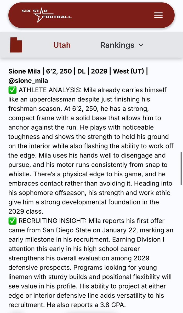 sione_mila's tweet photo. Grateful for the write-up and evaluation after my freshman season @sixstarfootball🙏🏽. 

The work continues. 
#AGTG #co2029 #DL @westpanthersfb 
@coachsolovi @Coach_Brown5 @cfalatea @CoachSiuhengalu @ToniuFonoti77 @TevitaLose @KSpaldingSDSU @Coach_Humeniuk @tipagaleai808 @Bbradley_BYU @KyndalPerry1 @KateEberhardt_ @RyanMayhew_ @jpulou @coachaliifua @PaigeHilliard23 @247recruiting @deuceAYweezy