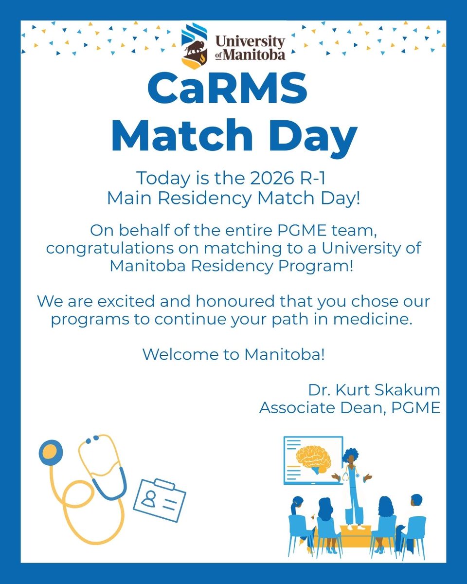 UofMPGME's tweet image. Happy R-1 #CaRMS2026 Match Day! 🎉

Congratulations to everyone who matched to the University of Manitoba. We’re honoured to have you join our residency programs. Welcome to Manitoba! 💙🦬🩺🥼

#MatchDay2026 #PGME #UManitoba #MedEd