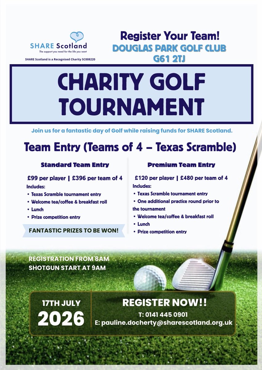 SHARE_Scotland's tweet photo. We’re delighted to invite you to join us at Douglas Park Golf Club this summer in support of SHARE Scotland. Gather your team, bring your competitive spirit, and help us turn great swings into real impact 💪🏽 

All the details are in the flyer below ⛳️
We’d love to see you there! https://t.co/0xoffEaT3F