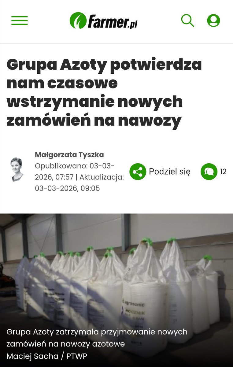 💥 Kolejny cios w polskie rolnictwo. Dystrybutorzy dostali od Grupa Azoty nagłą wiadomość o wstrzymaniu przyjmowania nowych zamówień na nawozy. Powód? Niestabilna sytuacja polityczna i gwałtowny wzrost cen surowców. Co robi polski rząd w sytuacji poważnego kryzysu? Nic❗️ Bez